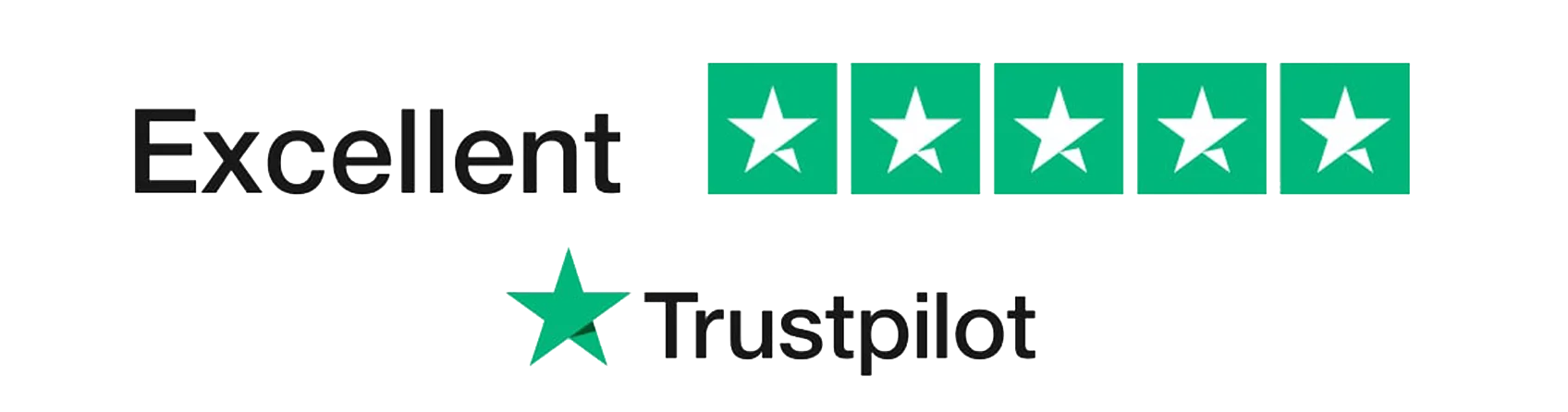 Trustpilot Excellent rating badge with five green stars and Trustpilot logo, indicating top customer satisfaction.